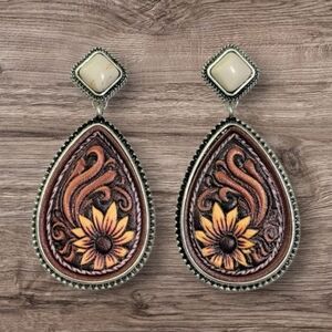 Western Tooled Leather Teardrop Earrings New